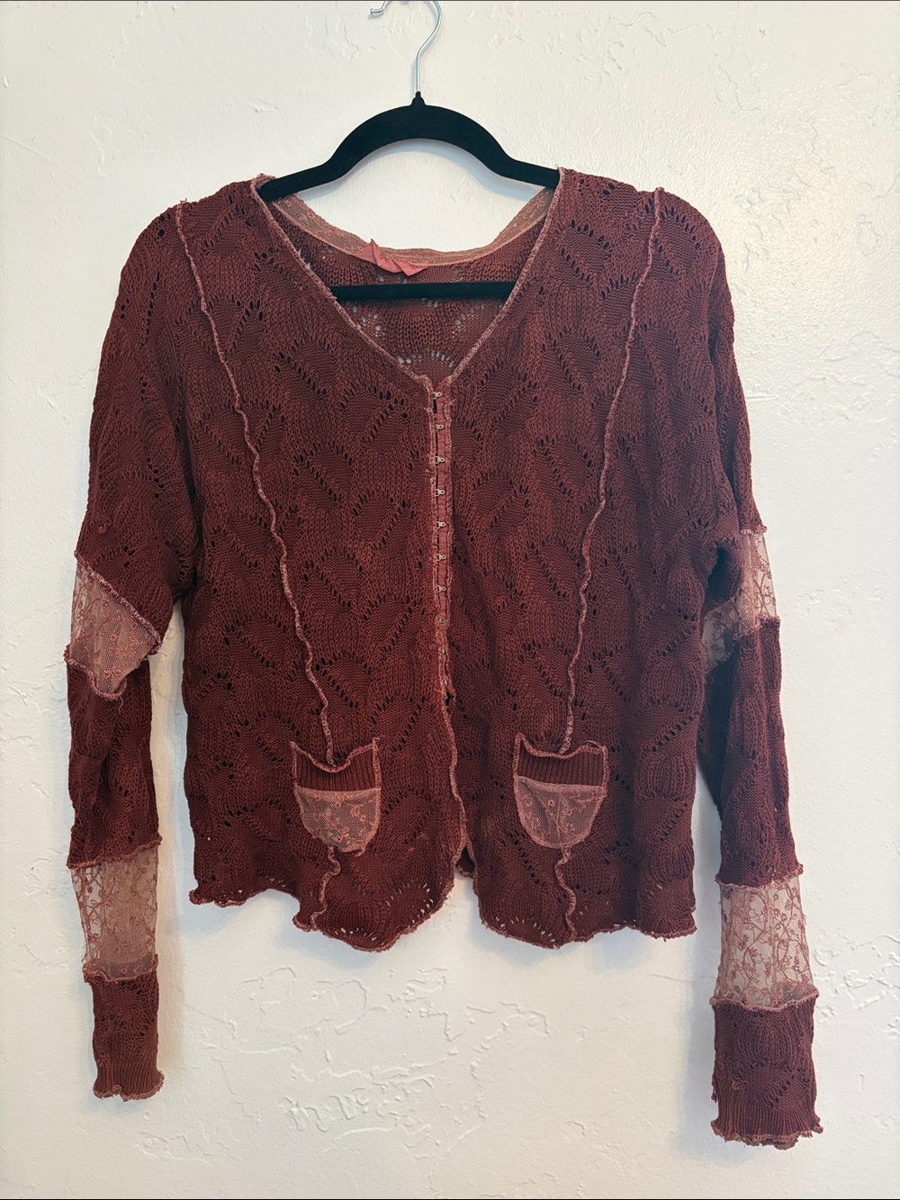 Vintage Steffi Dobrindt Lace-Trim Burgundy Knit Blouse, M/L